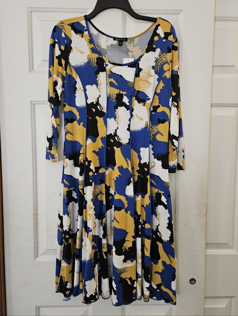 Sami & Jo Blue, Mustard & White Abstract Swing Dress Large